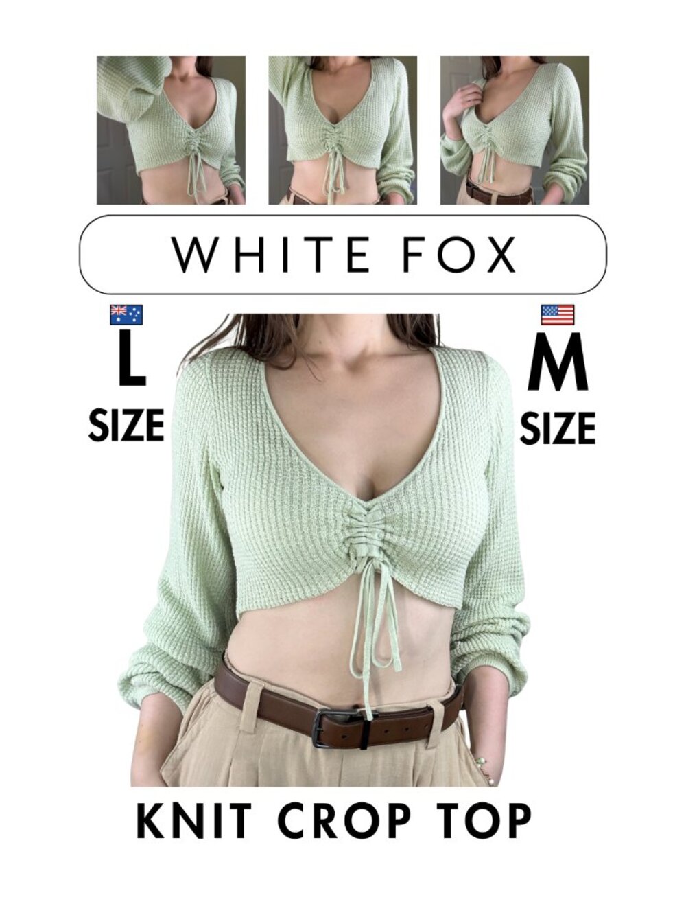 White Fox Sage Green Knit Crop Top  - AU L